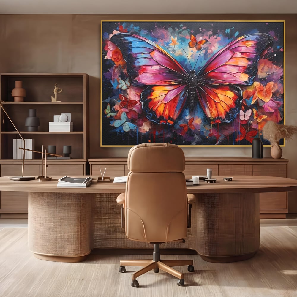 Tablou canvas cu tablou canvas cu fluture central multicolor, in rama de aluminiu auriu, pe perete intr-un birou